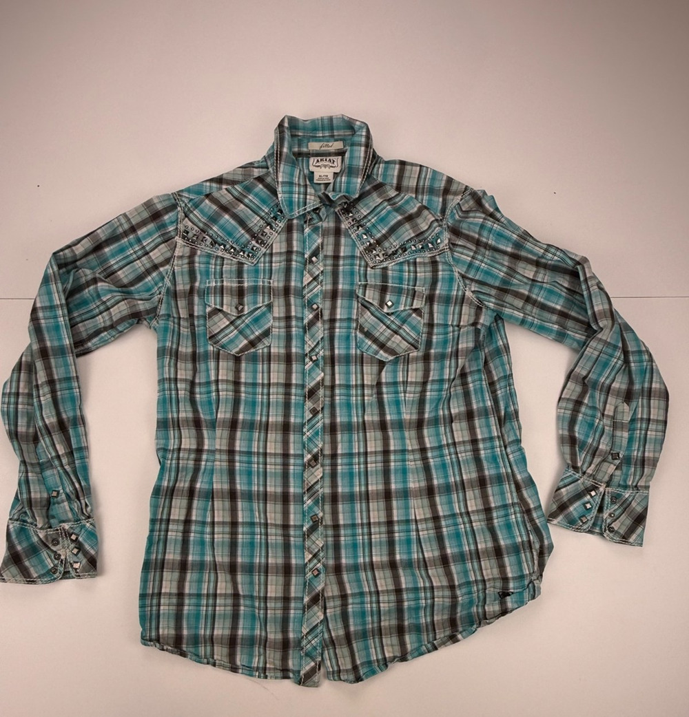 Ariat Womens XL Turquoise Plaid Western Shirt Studded Pearl Snap Fitted Cowgirl